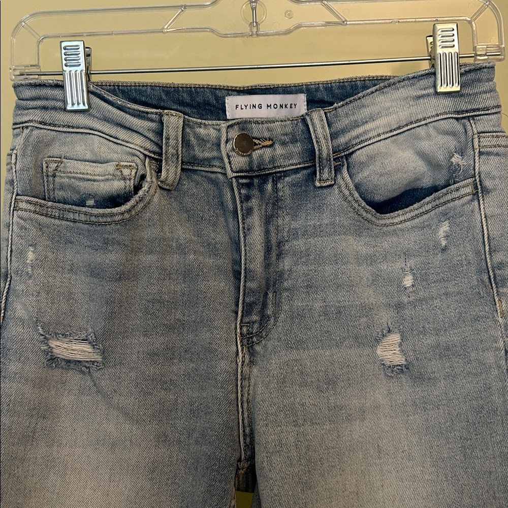 Flying Monkey Light Wash Distressed Cropped Jeans